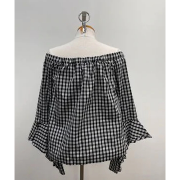 NWT 1 State Off the Shoulder Gingham Blouse size M with waterfall sleeves - Picture 5 of 8
